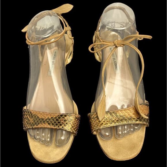 Manolo Blahnik Embossed Snake Leather Sandal w/2” Kitten Heel Great Cond Sz. 41 - Picture 3 of 11